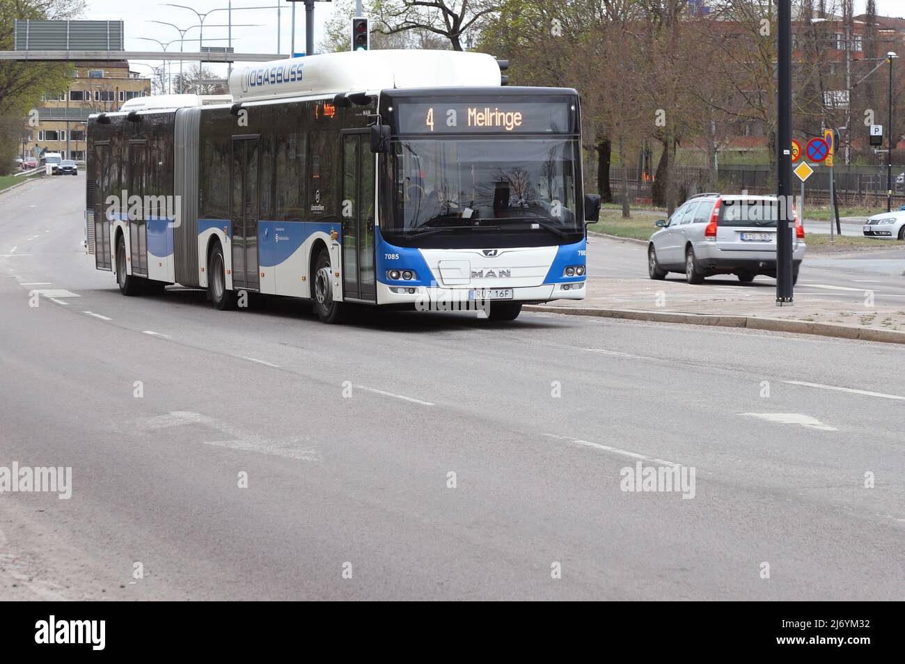 Orebro, Sweden - April 24, 2022: One Articulated M.A.N LION`S CITY G city bus produced in 2019   biogas fueled in service for the Lanstrafiken operate Stock Photo